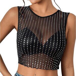 Women's Sequin Mesh Sheer Crew Neck Tank Top Black